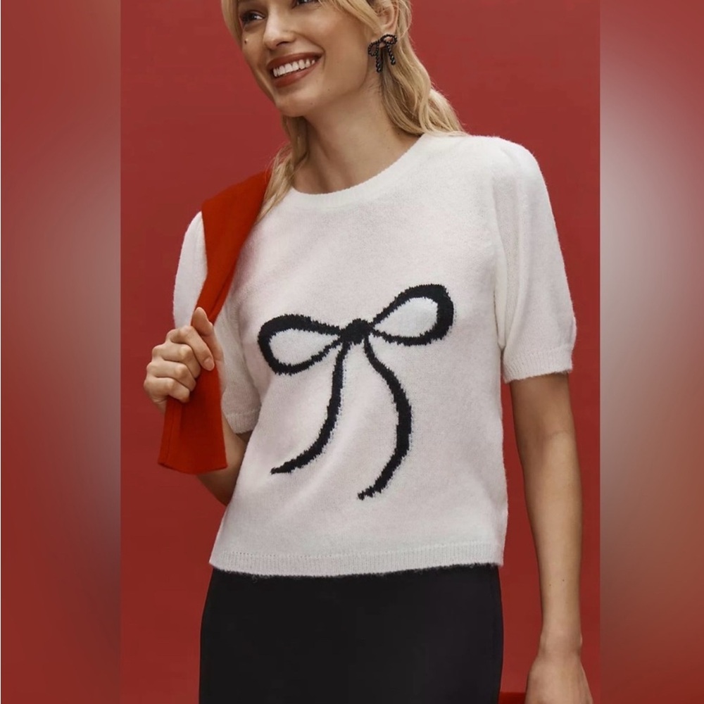 Anthropologie by Anthropologie The Mollie Short-Sleeve Printed Sweater Bow XS